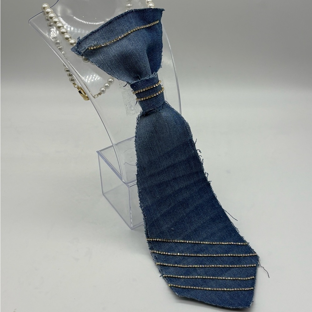 Denim and Rhinestone Pearl Tie